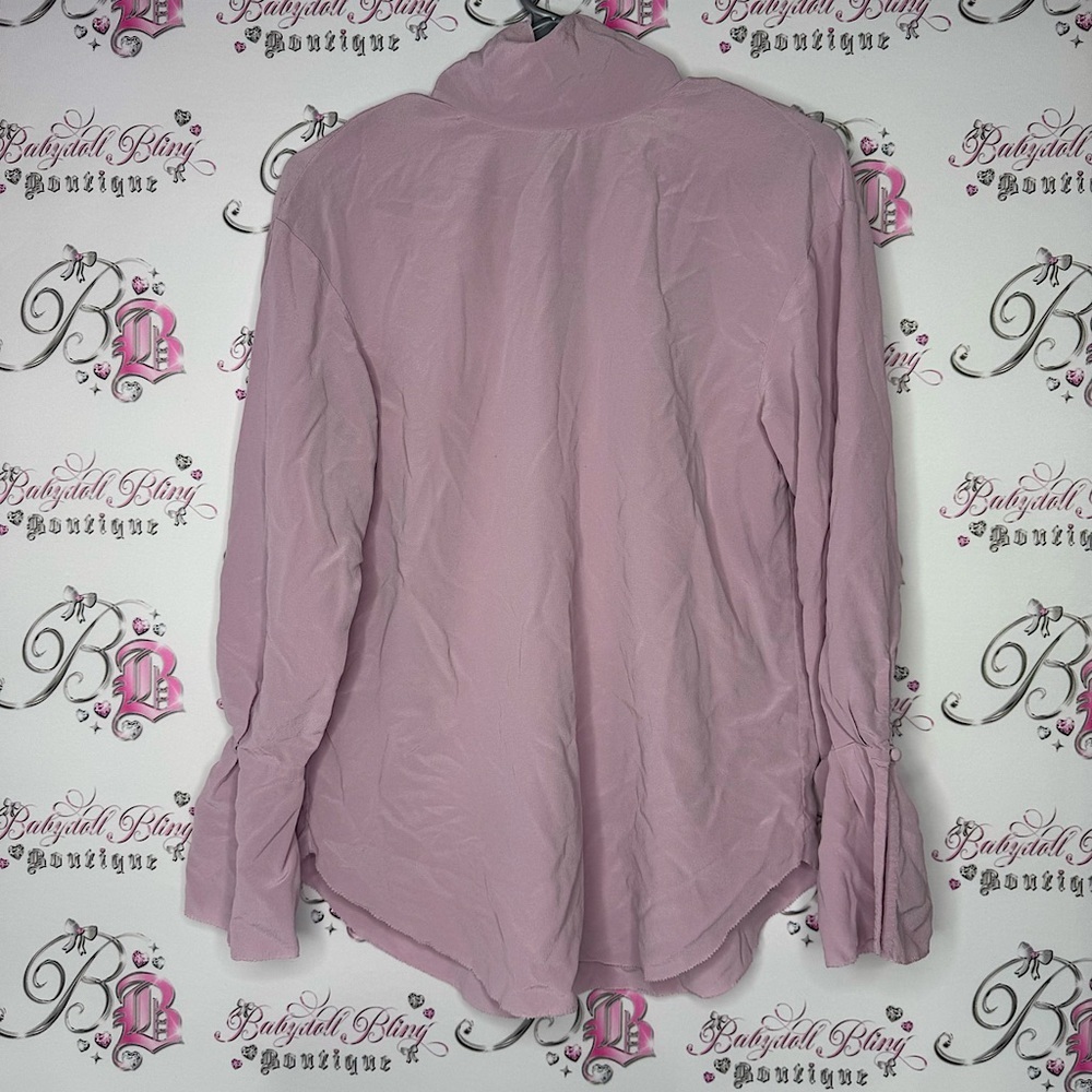 Wilfred le fou silk top purple pink ribbon tie up neckline bell bottom aritzia